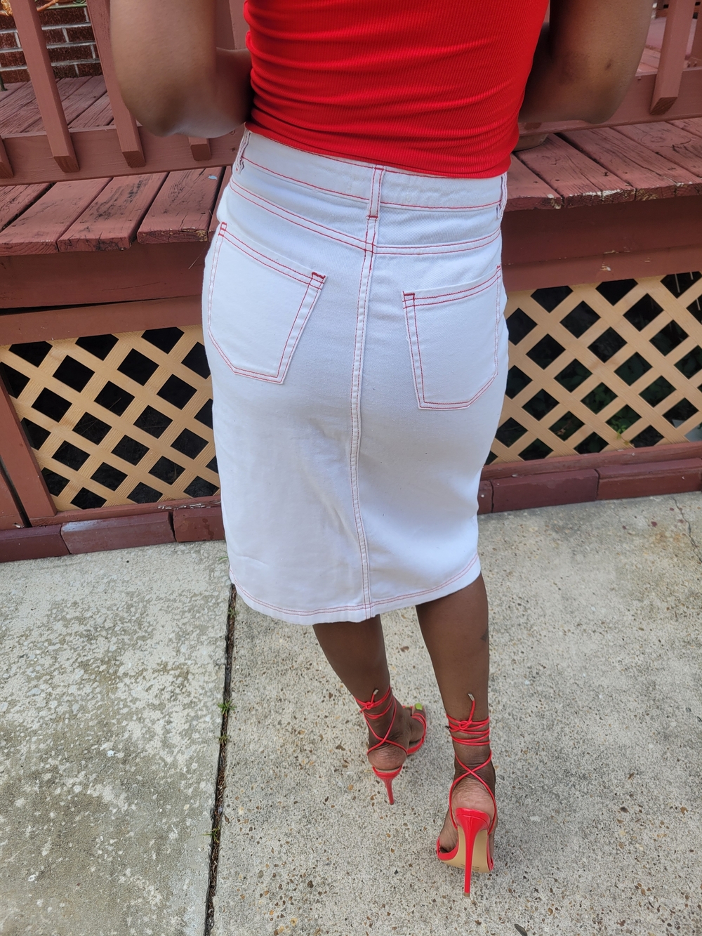 Urban Outfitters White Midi Denim Skirt with Orange Stitching - Picture 4 of 5
